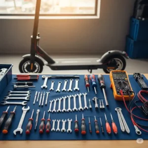 A collection of essential tools laid out for electric scooter repair, including wrenches, screwdrivers, and a multimeter.