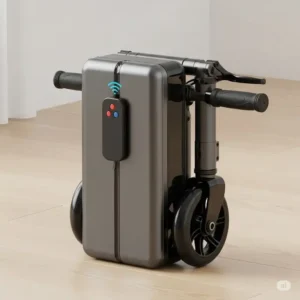 Compact and easily stored transformer remote control folding scooter in its fully folded state, highlighting its space-saving design.