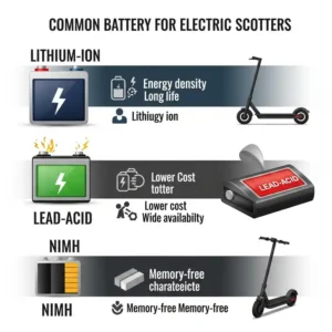  Infographic illustrating common types of batteries for electric scooters, including lithium-ion, lead-acid, and NiMH, with their respective advantages.