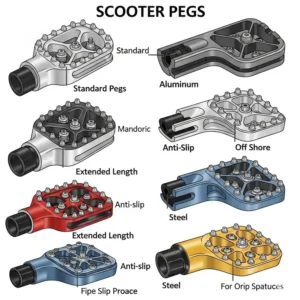 "Illustrated diagram showcasing various types of scooter pegs, including aluminum and steel models, for different riding styles."