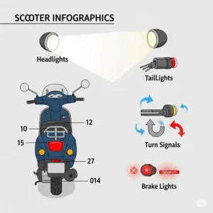 Infographic illustrating various types of scooter lights, including headlights, taillights, turn signals, and brake lights, highlighting their functions.