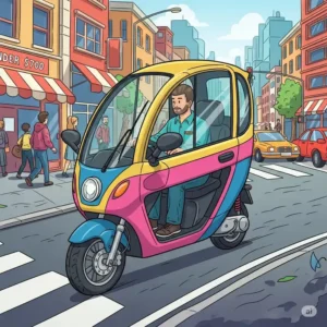 An illustration showing a small, agile enclosed cabin scooter under $700 navigating a busy city street, emphasizing its compact size and easy maneuverability.