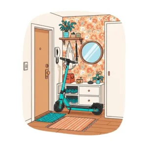 An illustration showing a folded up scooter easily stored in a small apartment entryway, emphasizing its space-saving benefits.