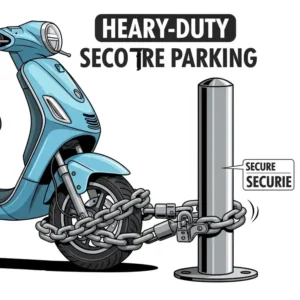 Illustration of a heavy-duty chain lock scooter wheel and a fixed pole, demonstrating secure scooter parking.