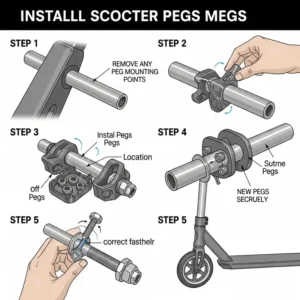 "Step-by-step illustration demonstrating the process of easily installing scooter pegs onto a scooter axle."
