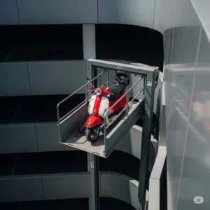 Compact scooter lift for car, neatly folded and stored at the rear of a sedan, showcasing its space-saving design.