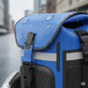 "Close-up illustration of a waterproof scooter bag repelling raindrops, highlighting its durable, weather-resistant material."