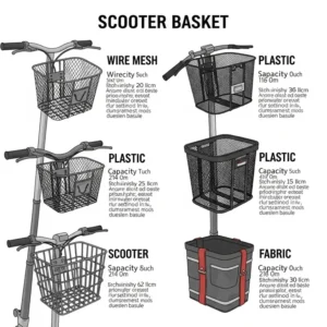 Infographic displaying various types of scooter baskets, including wire mesh, plastic, and fabric, demonstrating different styles and materials.