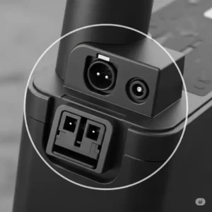 Close-up view of a secure charging port on a battery for scooter, indicating compatibility with standard electric scooter chargers.