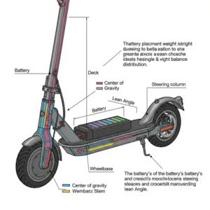 Diagram showing the typical placement of a battery in an electric scooter's deck or stem for optimal balance.