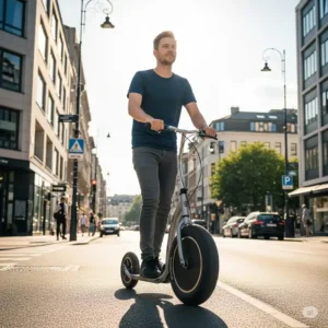 A person confidently riding a scooter equipped with large wheels, demonstrating its comfort and ease of handling on a city street.