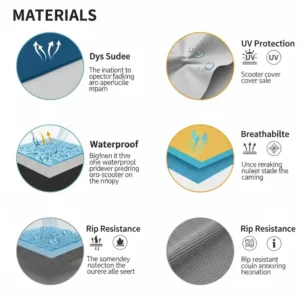 Graphic illustrating various materials used for scooter covers, highlighting features like UV protection, breathability, and rip resistance.