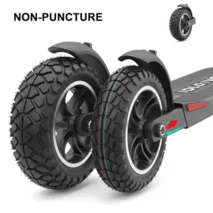Durable, non-puncture tires and sturdy wheels designed specifically for scooter mobility parts, showcasing tread patterns for enhanced grip and safety.