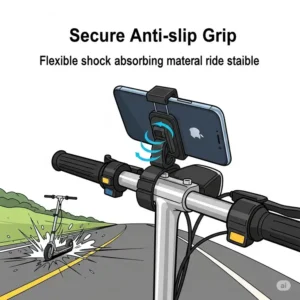 An illustration emphasizing the secure, anti-slip grip of a scooter phone holder, keeping the phone stable during rides.
