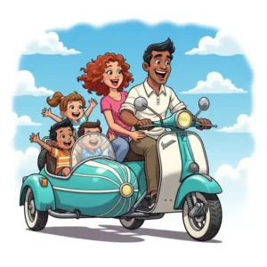 Cartoon illustration of a family enjoying a ride in a scooter with a scooter sidecar, highlighting the versatility of a scooter sidecar.

