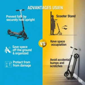 Graphic depicting the advantages of using a scooter stand, such as preventing falls, saving space, and protecting the scooter from damage.