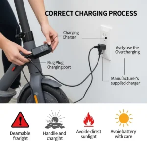  Visual guide demonstrating the correct charging process for an electric scooter battery, emphasizing safety precautions.