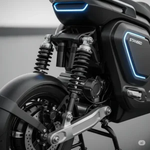 Close-up view of the advanced suspension system on a dual motor scooter, highlighting its comfort and stability.