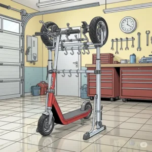 A clear illustration of a lightweight, portable scooter stand being used to prop up a scooter outdoors, emphasizing convenience.