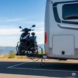A recreational vehicle (RV) with a scooter carrier for trailer hitch attached, showcasing outdoor adventure and convenience.