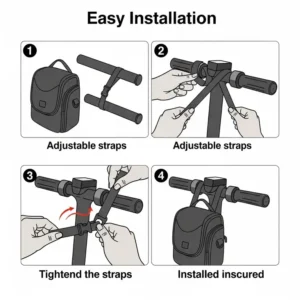 "Diagrammatic illustration demonstrating the easy installation process of a scooter bag using adjustable straps on scooter handlebars."