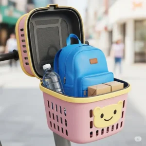 Illustration depicting a spacious scooter basket holding multiple items like a backpack, water bottle, and small parcel, emphasizing its generous storage capacity.