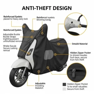 Diagram showing a scooter cover with security features such as reinforced eyelets for locks and adjustable buckle straps to prevent theft.