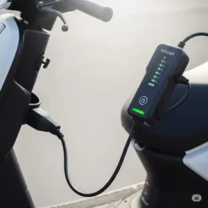 An efficient scooter mobility charger with indicator lights, demonstrating how it connects to the scooter for convenient recharging.