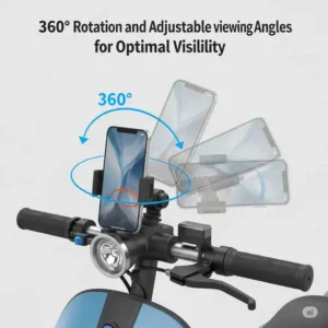 Graphic demonstrating the 360-degree rotation and adjustable viewing angles of a scooter phone holder for optimal visibility.