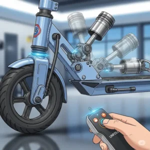 Ergonomic remote control device specifically designed for operating the transformer remote control folding scooter, showing its intuitive buttons.