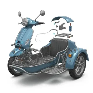 Detailed illustration showcasing the engineering and design of a modern scooter sidecar, emphasizing its stability and structure.

