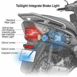 Diagram showing a scooter's integrated taillight and brighter brake scooter lights, essential for rear visibility and safety.