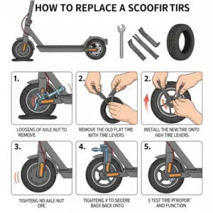 Step-by-step illustration demonstrating how to replace a flat tire on an electric scooter, a common fix electric scooter.
