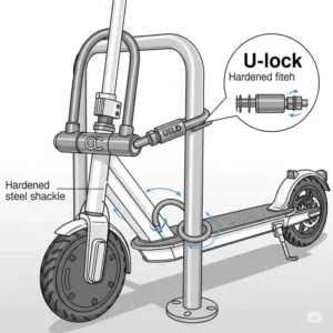 Diagram showing a U-lock scooter frame to a bike rack, illustrating a strong scooter anti-theft device.