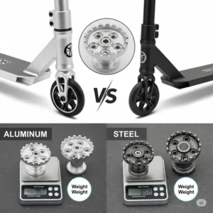 "Visual comparison highlighting the differences between aluminum and steel scooter pegs, emphasizing their durability and weight."