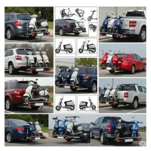 Collage showcasing various types of motor scooter carriers for cars designed for different car models and scooter sizes.