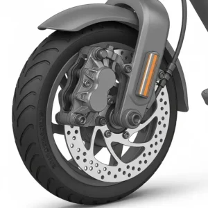Illustration of an e-scooter disc brake assembly, including the caliper and rotor, vital for safe stopping power, a critical e scooter parts.