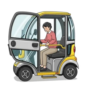 An illustration of an individual easily entering or exiting an enclosed cabin scooter under $700, highlighting its accessible design.