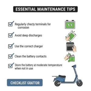 Checklist graphic with essential maintenance tips for an electric scooter battery to extend its lifespan and performance.