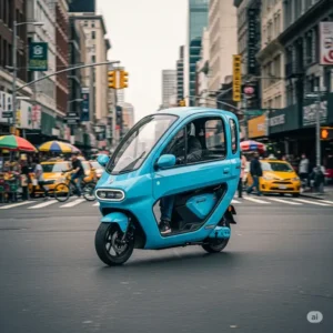 An enclosed electric scooter navigating through a bustling city street, demonstrating its agility and suitability for urban commuting.