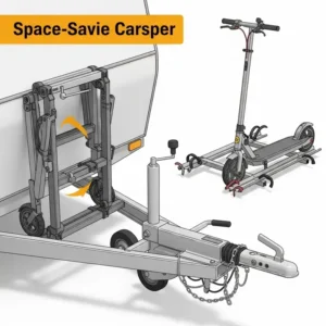  Illustration of a foldable scooter carrier for trailer hitch, highlighting its space-saving design when not in use.