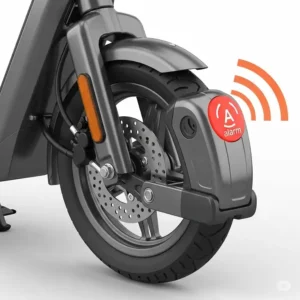 Illustration of a scooter disc lock scooter with an integrated alarm symbol, indicating enhanced scooter security features.