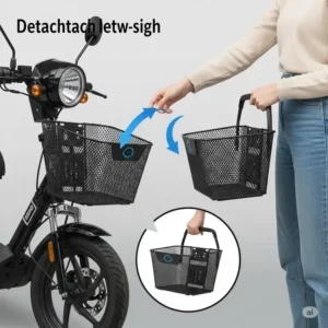 Image showcasing a detachable scooter basket being easily removed from a scooter, highlighting its convenience for off-scooter carrying.