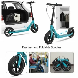 Illustration of a foldable scooter with big wheels, emphasizing its convenient, portable design for easy storage and transport.