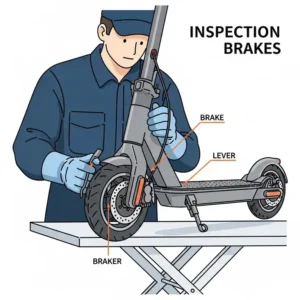 An illustration highlighting the inspection of electric scooter brakes, ensuring proper function for safety.