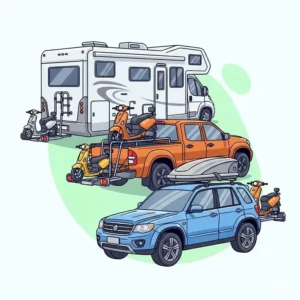 Diagram highlighting key features of a scooter carrier, including tie-down points, anti-tilt device, and reflective markers.