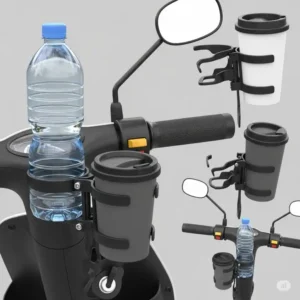 A scooter cup holder accommodating different beverage sizes, from water bottles to large coffee cups.