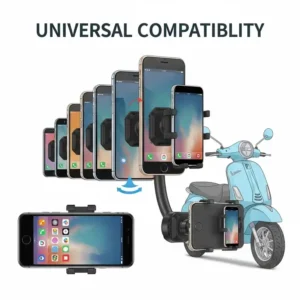 An illustration depicting a scooter phone holder accommodating various smartphone sizes, highlighting its universal compatibility.