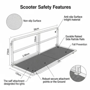 Diagram highlighting key safety features of a scooter ramp, such as non-slip surfaces, raised side rails, and secure attachment points.