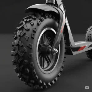 Detailed illustration of the knobby, oversized tires specifically designed for an all-terrain scooter, highlighting their tread pattern for superior grip on various surfaces.